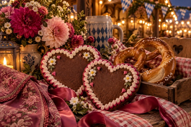 Oktoberfest-Dekoration mit Lebkuchenherzen, Brezeln und Blumen